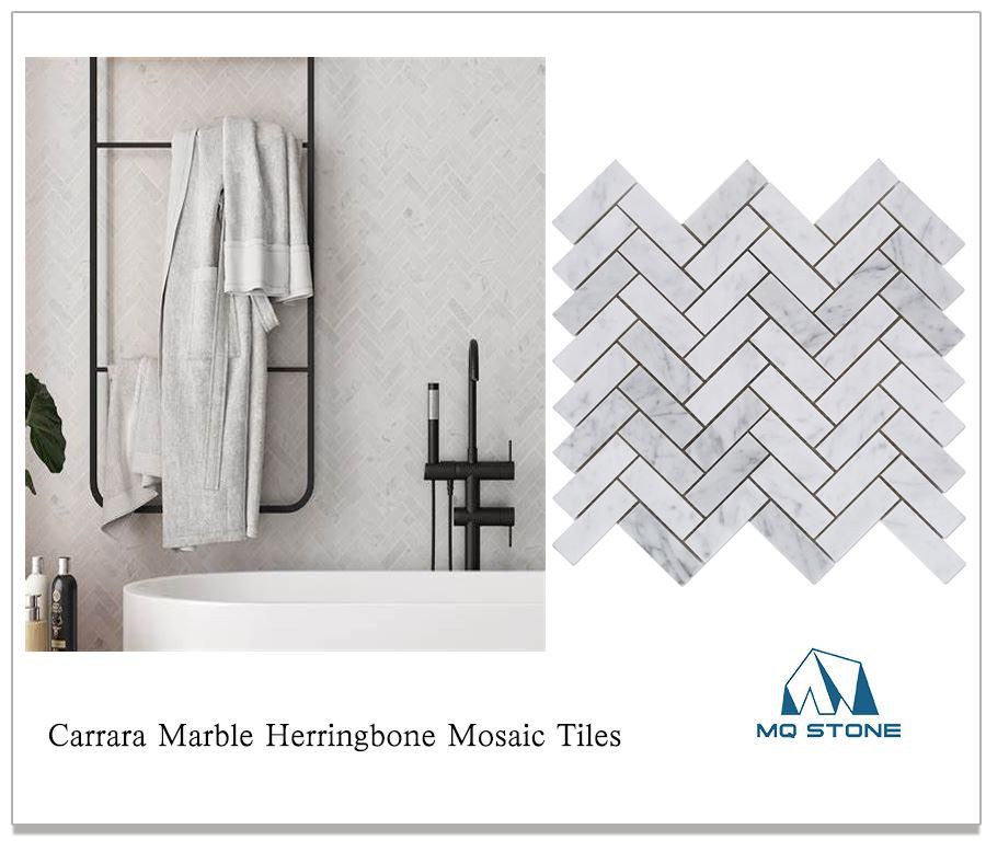 Carrara Marble Herringbone Mosaic Tiles